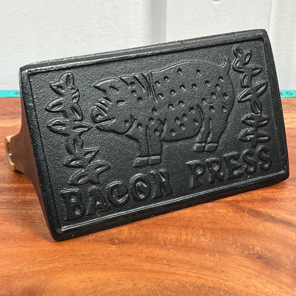Cast Iron Bacon Press with Wood Handle Pig Design Rectangular Meat Weight 8 Inch